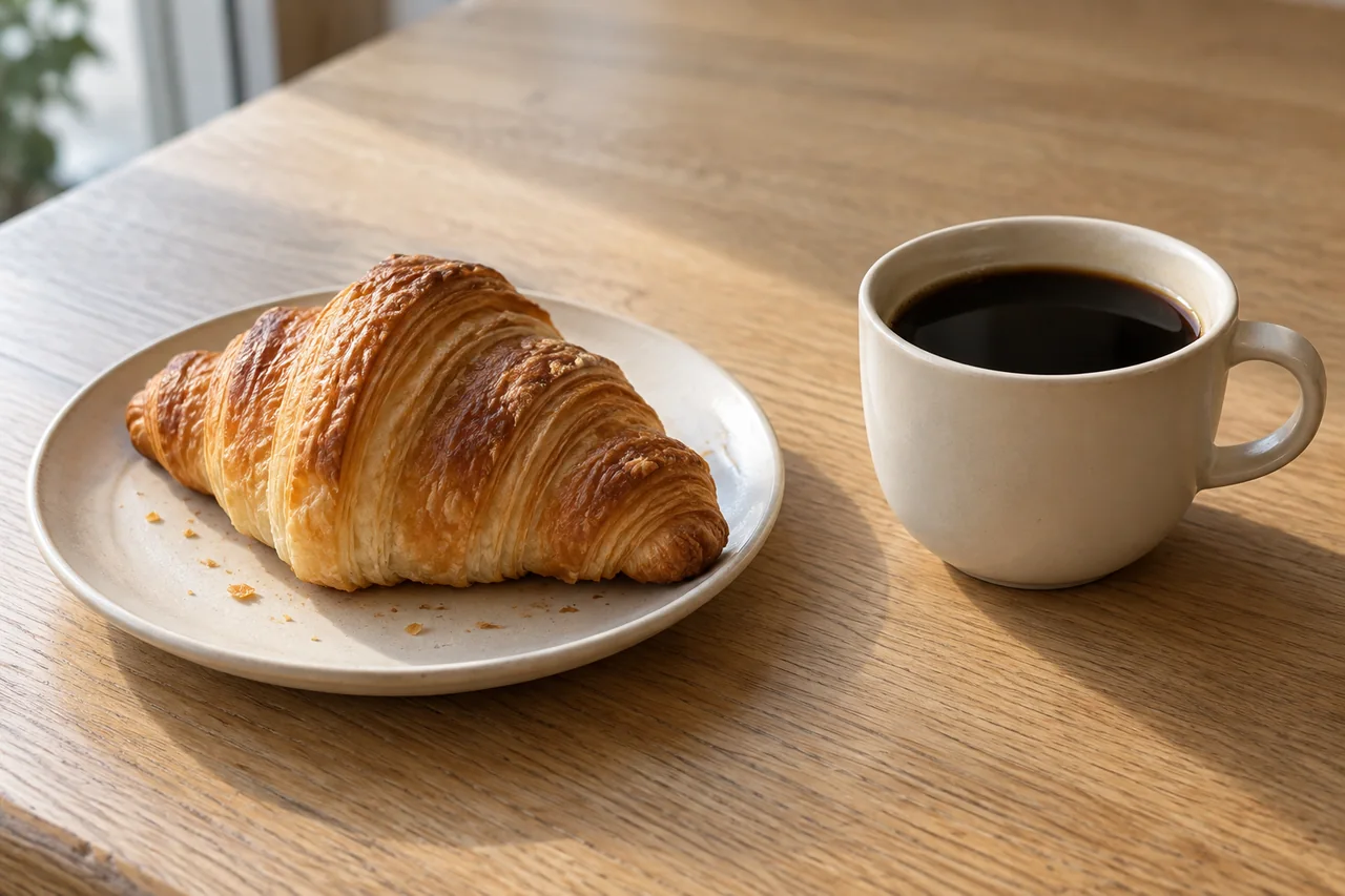 Plain croissant on an ivory plate to the left of black coffee in a cream cup on an oak table