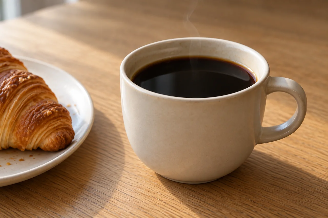 Closer view of black coffee with a faint steam wisp and the cup handle on the right