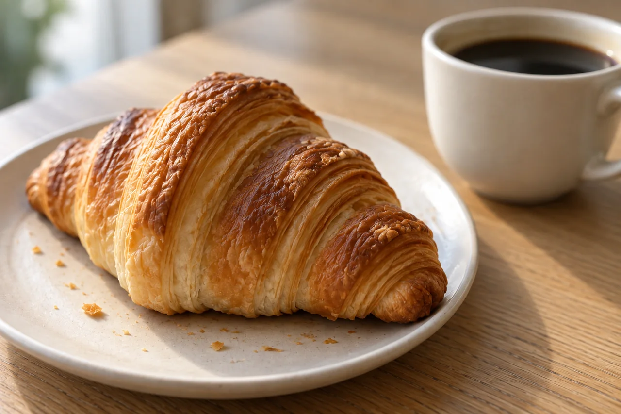 Close-up of dry flaky croissant layers with the cream coffee cup still to the right