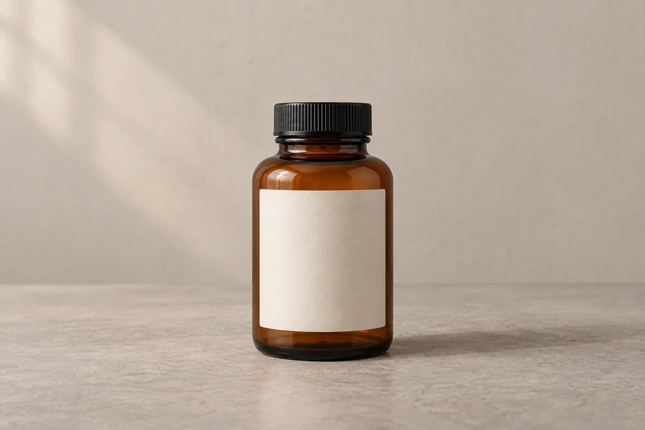 Fictional amber glass bottle with a black screw cap and blank cream label on a plain tabletop