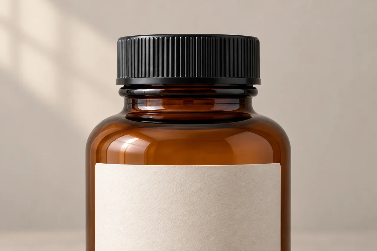 Close-up of an amber bottle's black cap, glass shoulder and blank cream label edge