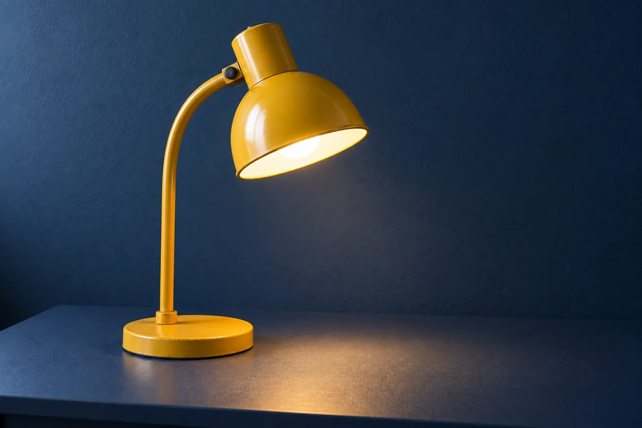 Closer view of a yellow lamp showing its curved neck, round base and warm pool of light.