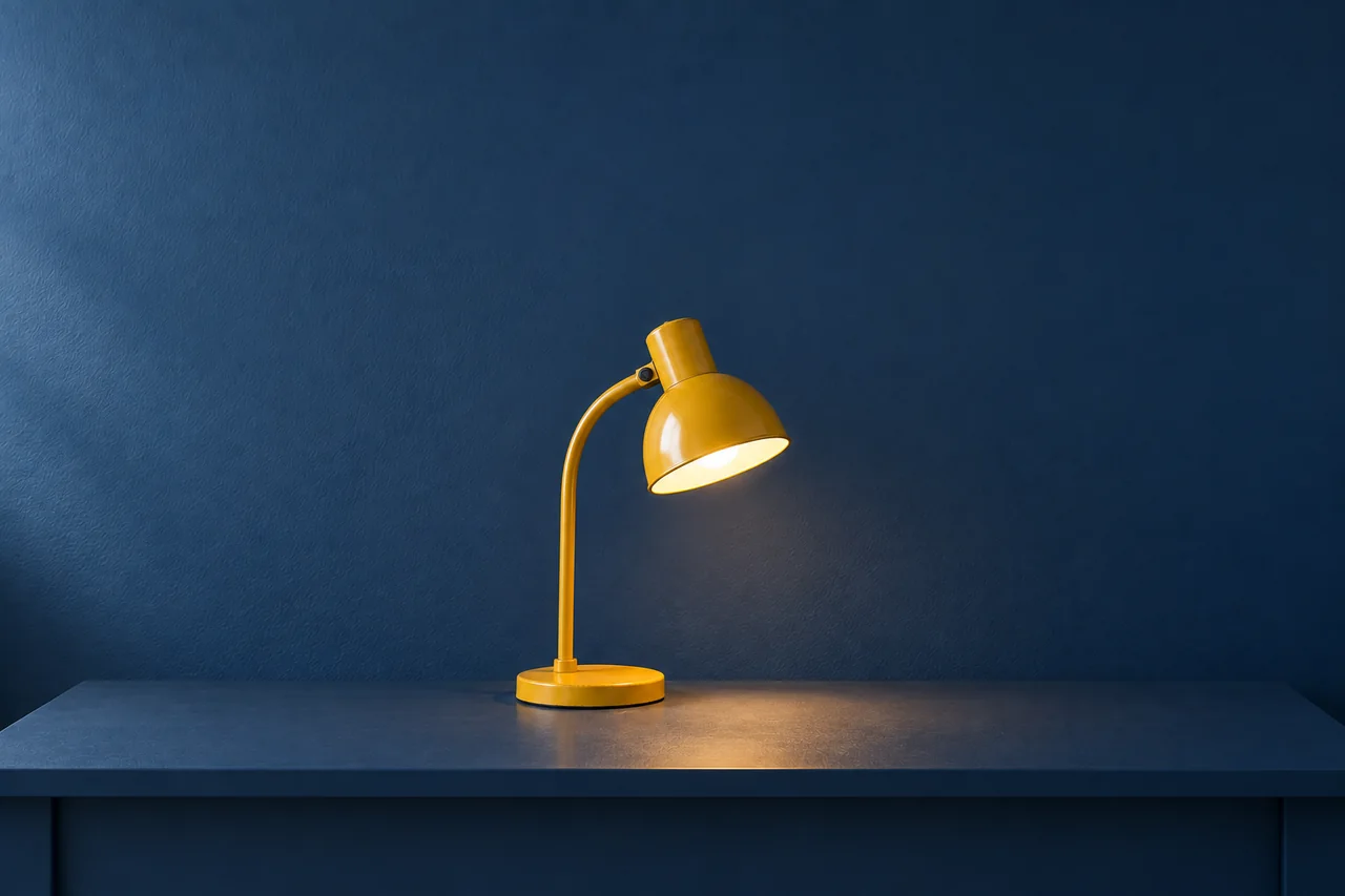 Wide still composition of the yellow lamp with ample wall space and a stable light pool.