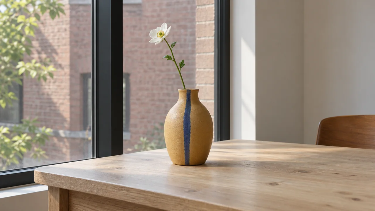 Ochre vase with a narrow blue stripe and white flower, with a wooden table edge, window mullion and brick wall at different depths.