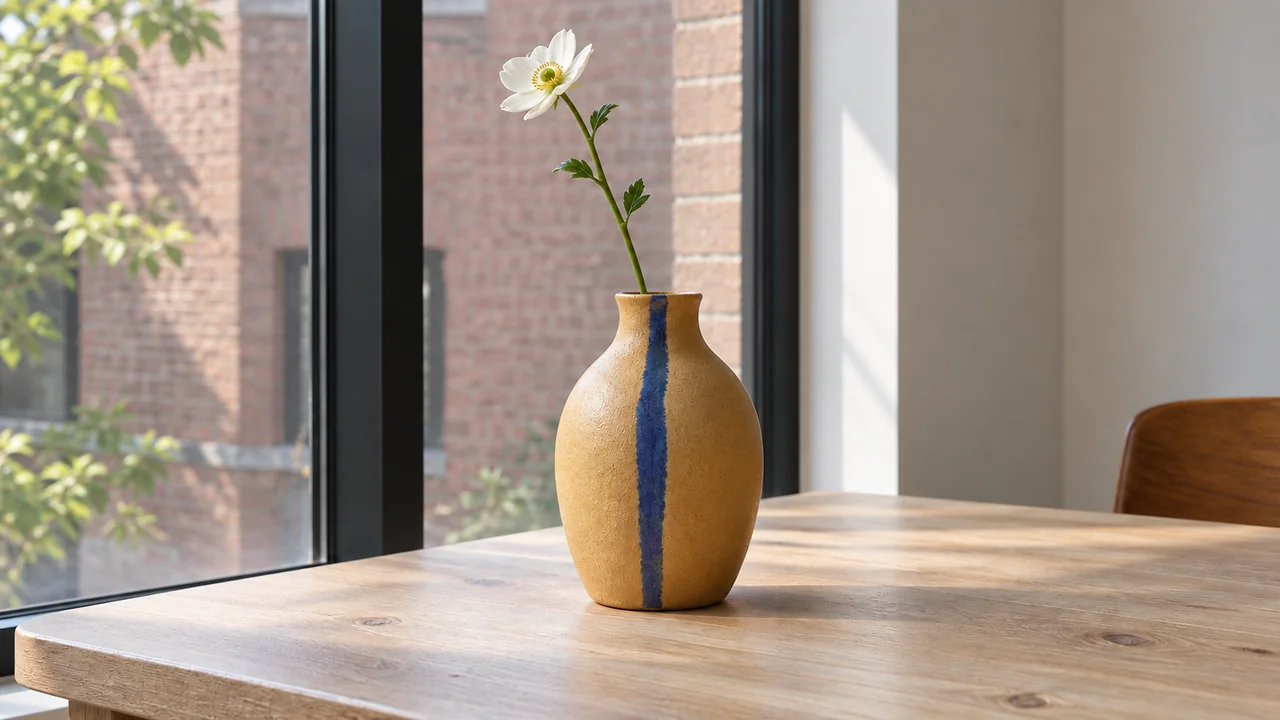 A closer composition of the same striped ochre vase, keeping its entire base and white flower in frame.