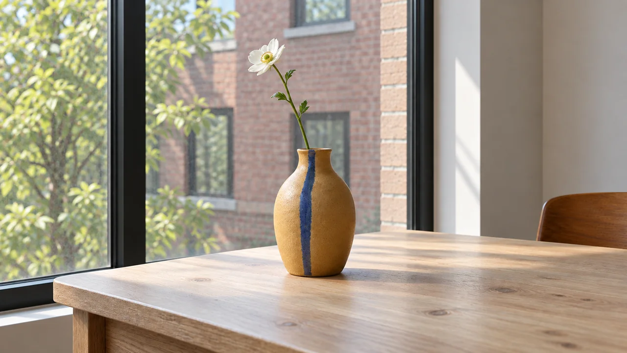 Alternate view of the striped vase, with the window mullion farther left and the blue stripe still visible.