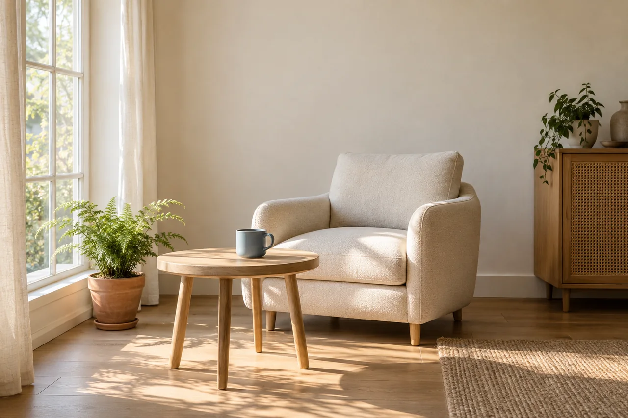 Wide reading corner with a cream armchair, blue cup on an oak table and fern beside a left-hand window.