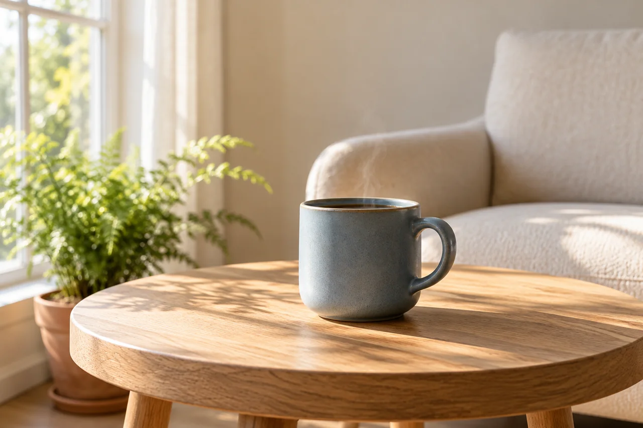 Cup-height detail of the blue cup with soft steam and the cream armchair blurred behind.
