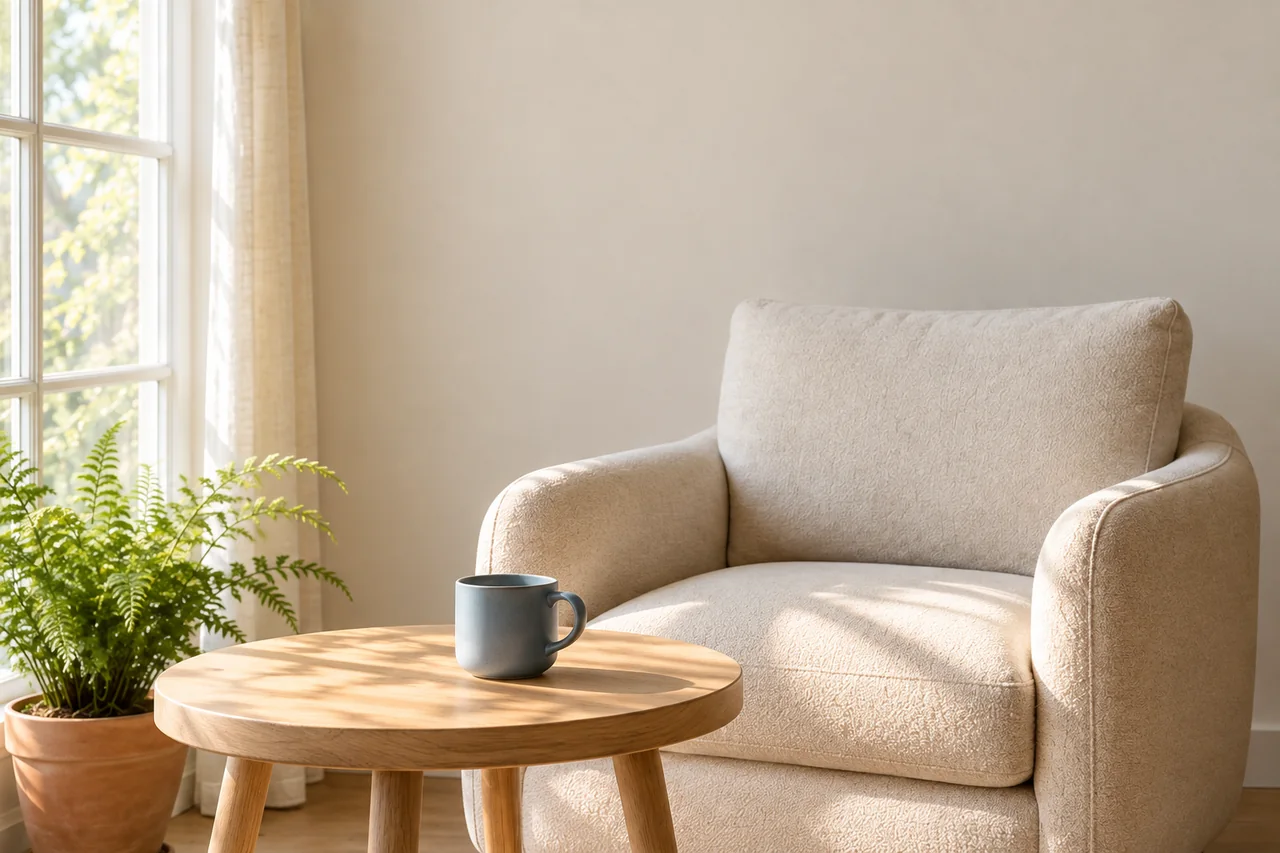 Medium view of the cream chair and oak table, with clear wall space above the blue cup.