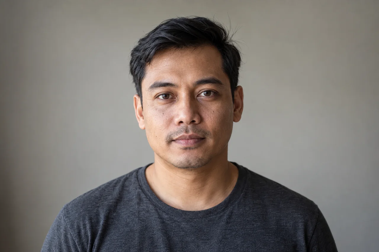 Fictional adult man in a charcoal shirt facing the camera with a relaxed closed-mouth expression