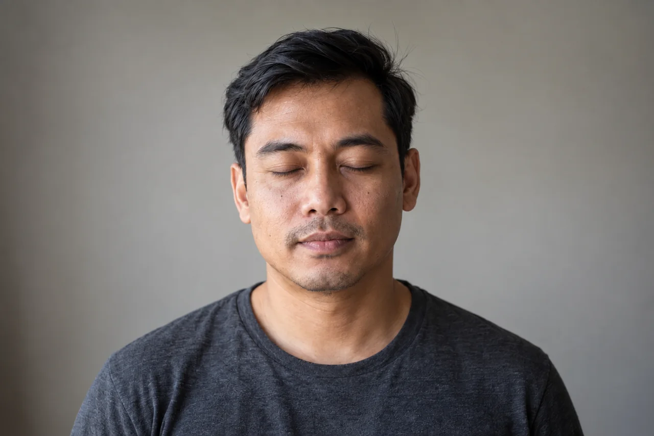 The same fictional man with both eyes gently closed and his head and mouth relaxed