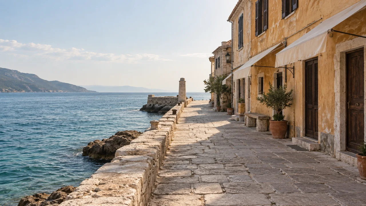 Imaginary coastal village with sea on the left, ochre houses on the right and a square stone marker at the end of the promenade.