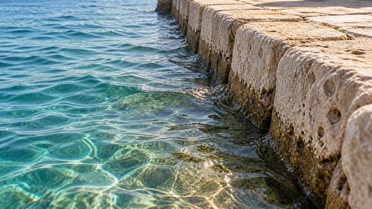 Small ripples touch the pale stone edge of the imaginary promenade, with darker wet masonry at the waterline.