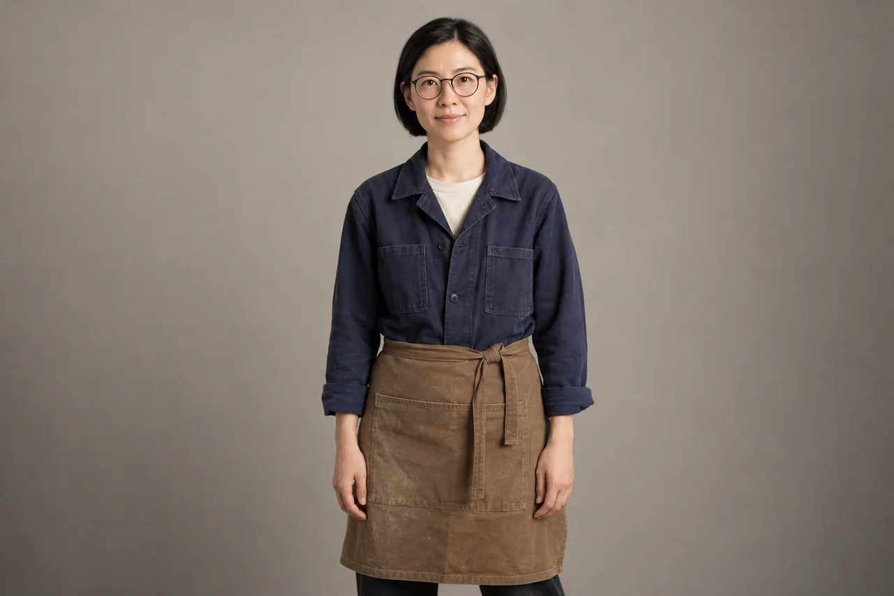 Fictional ceramicist with a black bob, round glasses, indigo two-pocket jacket and brown waist apron.