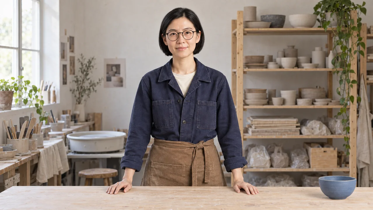 The same ceramicist behind a pale wooden workbench, lit from the left, with a blue bowl at the right.