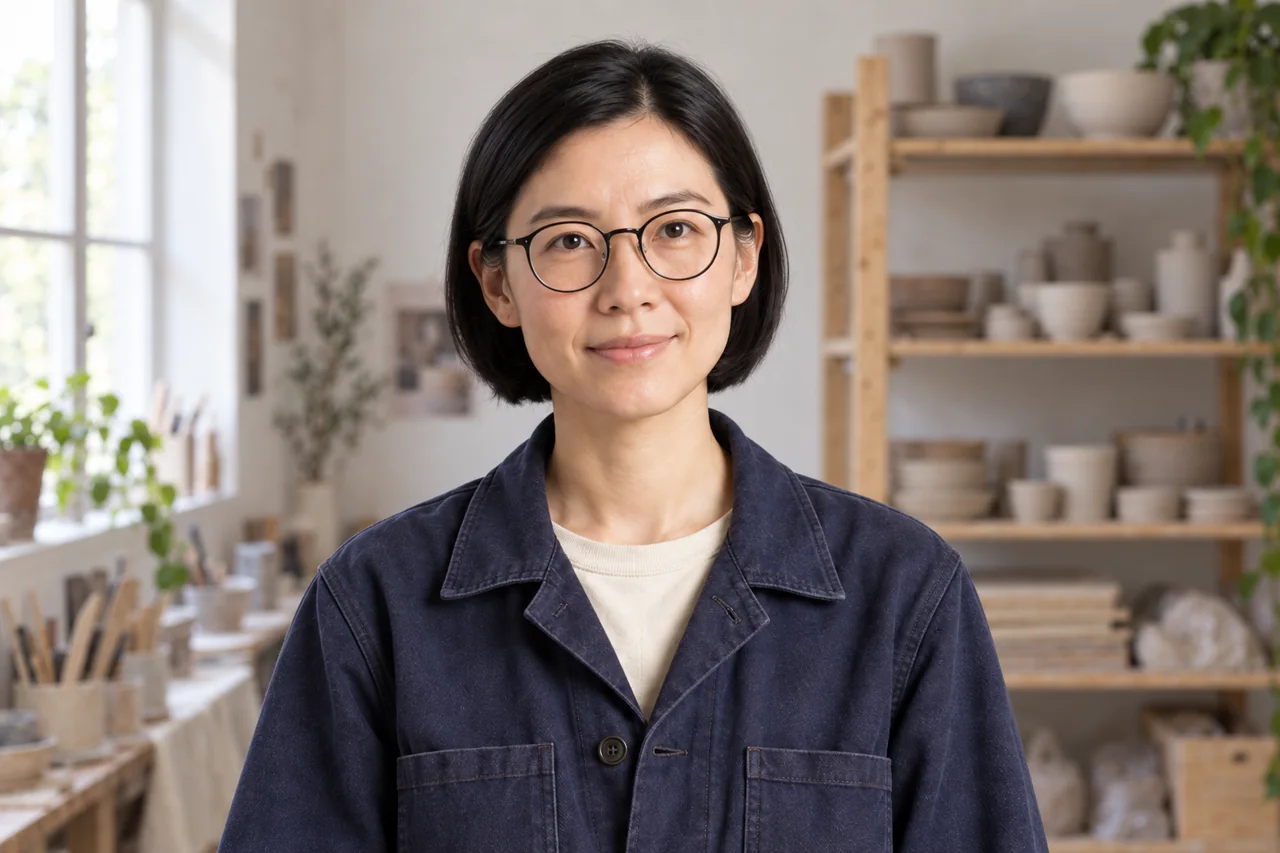 Close-up of the same ceramicist with round glasses, black bob and a small closed-mouth smile in the workshop.