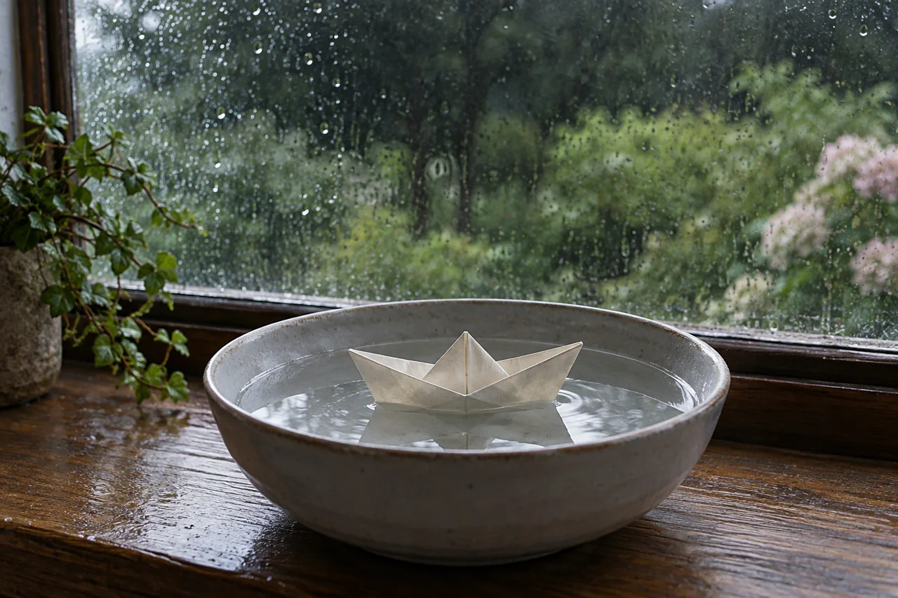 Cream paper boat floating in a gray ceramic basin beside a rain-covered window