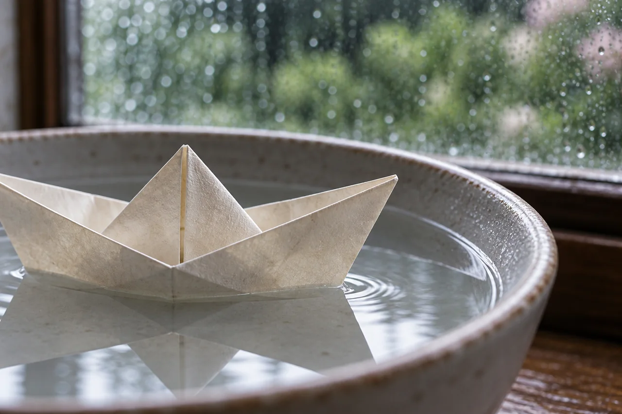 Close view of cream paper boat folds and a faint ripple beside its bow