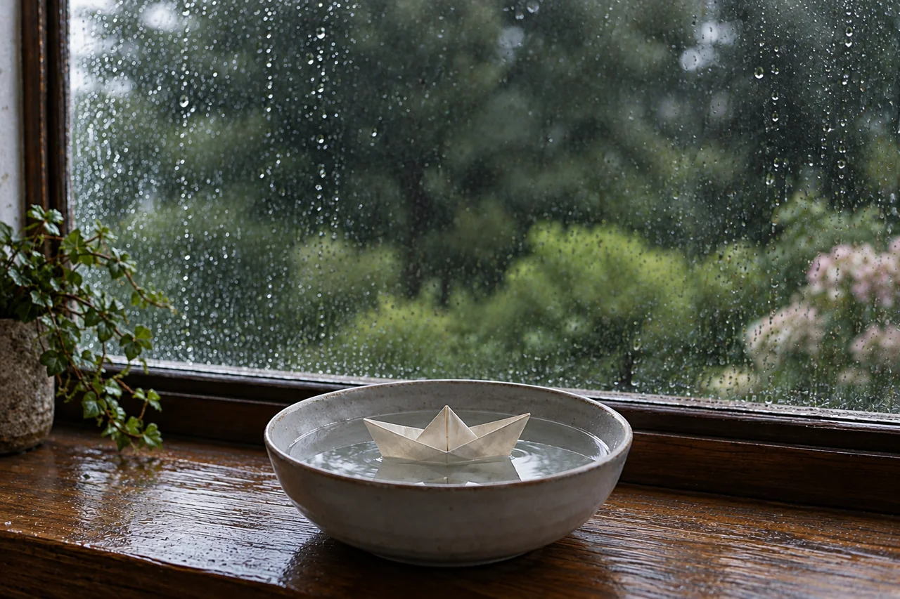 Wide rainy-window composition with a paper boat low in the frame and open space above