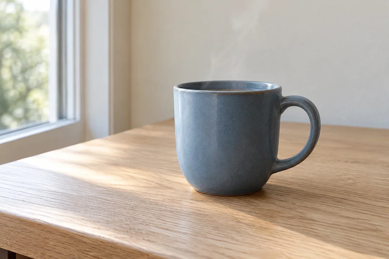 Blue ceramic cup with one clear handle on an oak table beside a left-hand window.