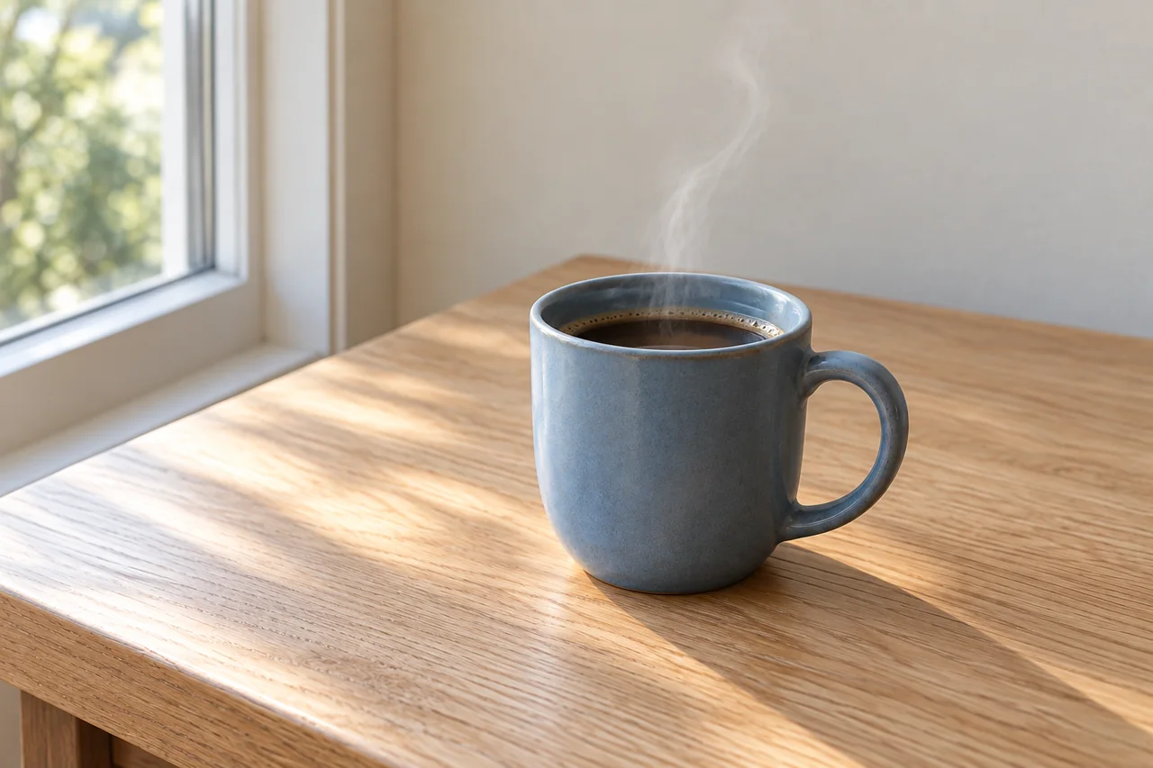 Thin steam rising from a blue cup while its handle, rim and base remain clearly visible.