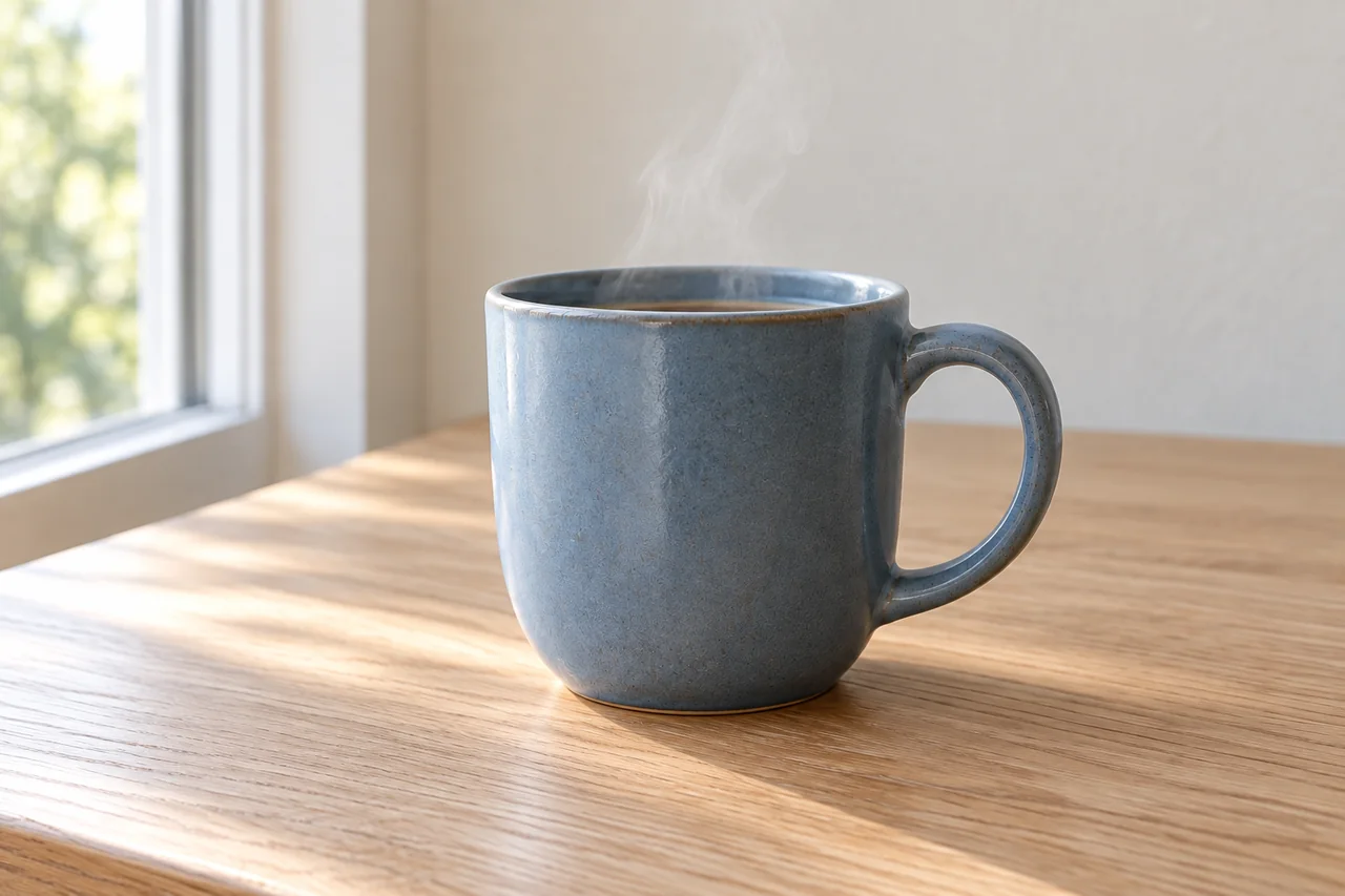Closer composition of the same blue cup with its whole handle and rim inside the frame.