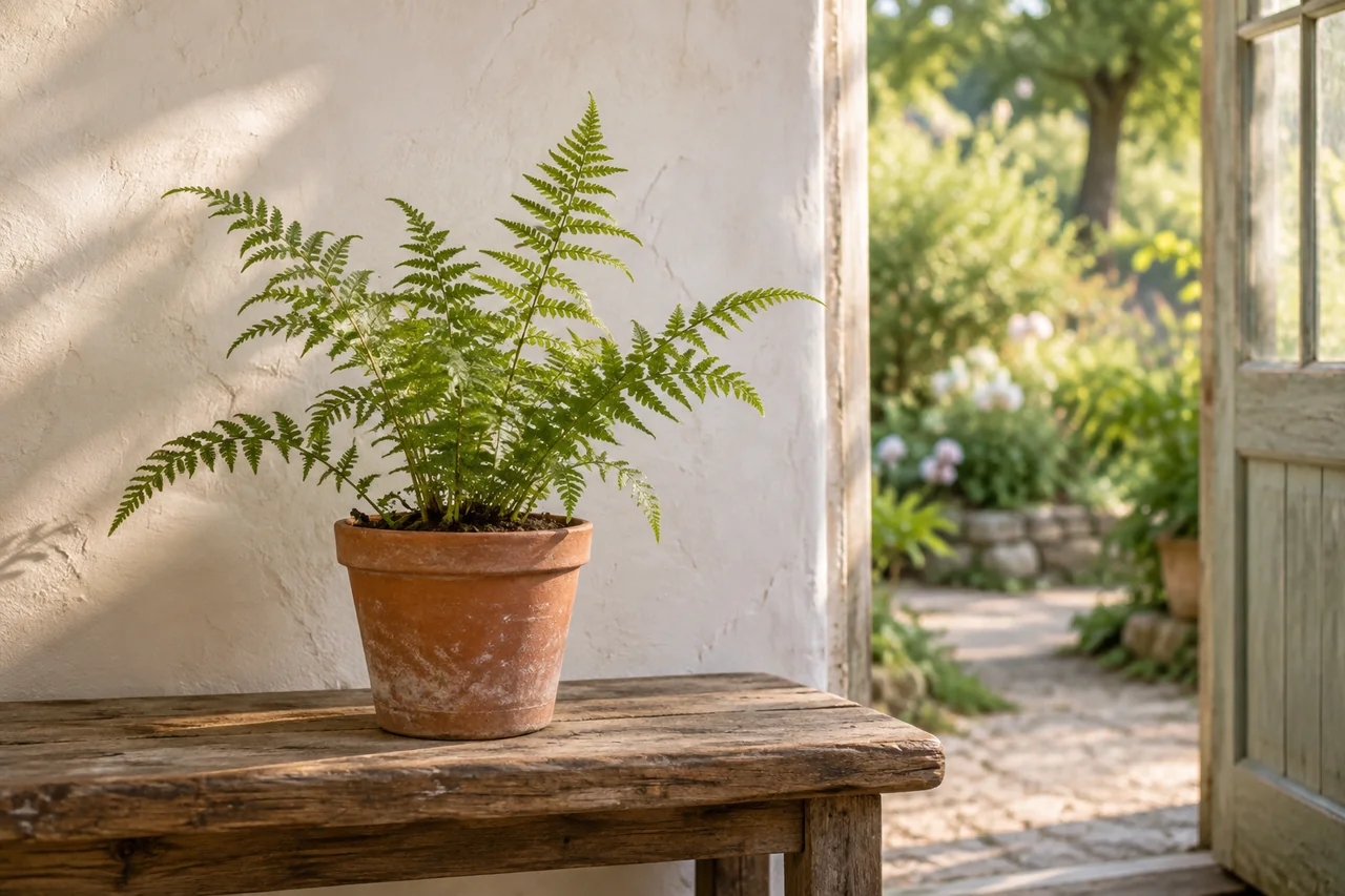 Fern in a terracotta pot on a wooden bench, with its fronds separated against a pale greenhouse wall.
