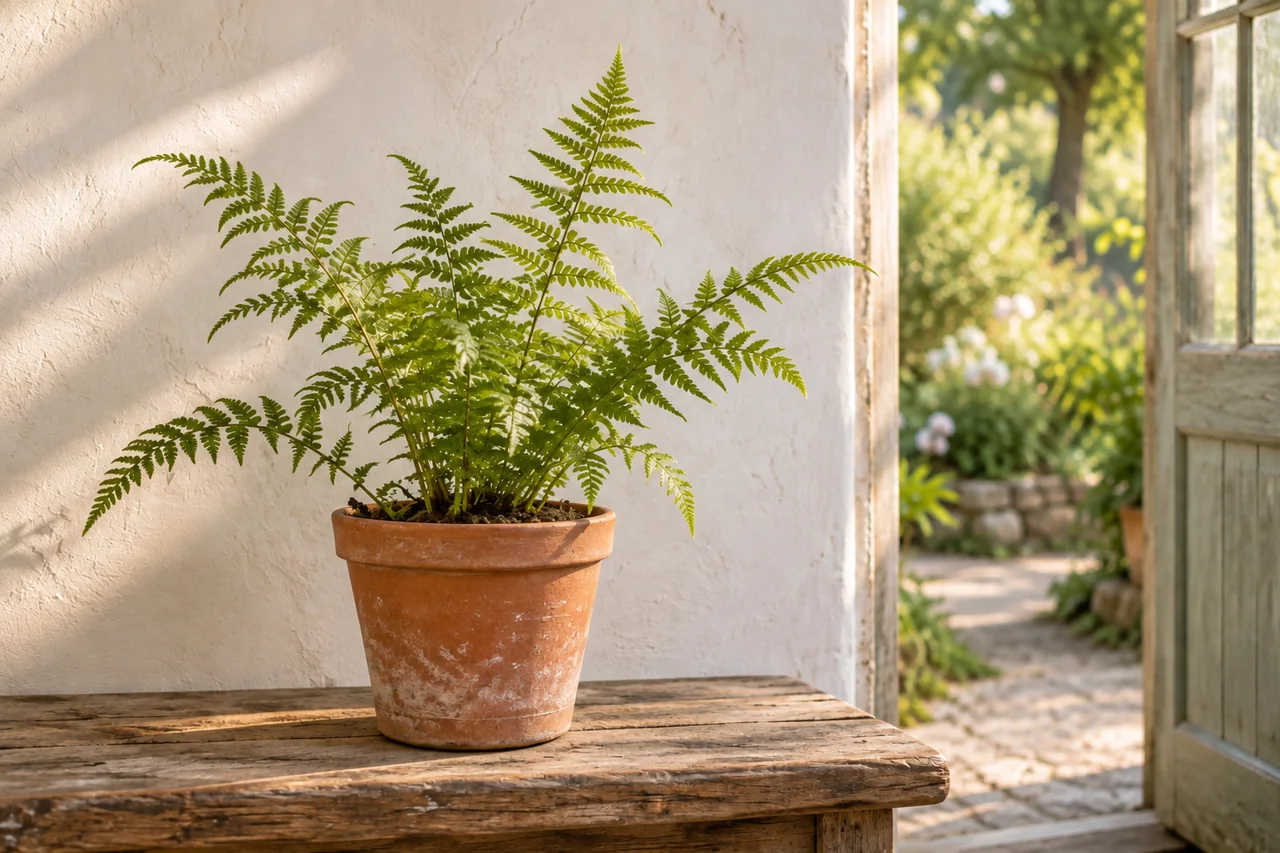 Closer greenhouse view with distinct fern tips and the whole terracotta pot resting on its bench.