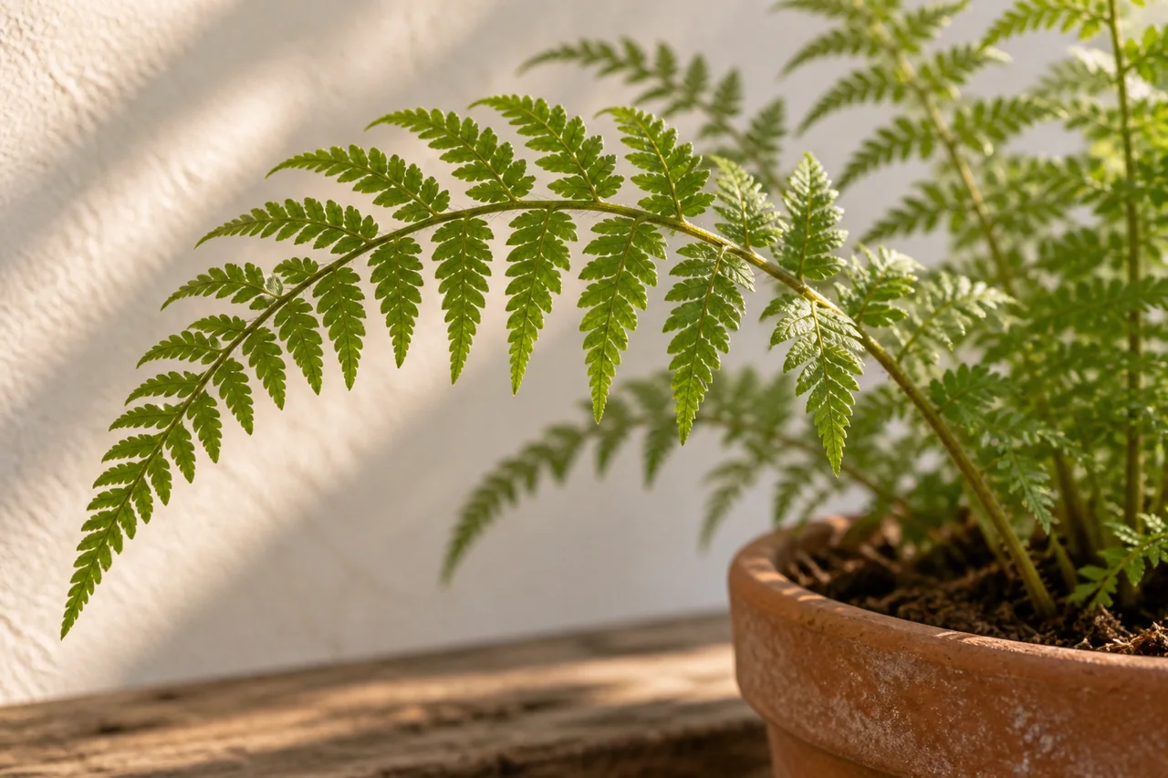 Detailed fern frond with separate leaflets connected to one visible stem.