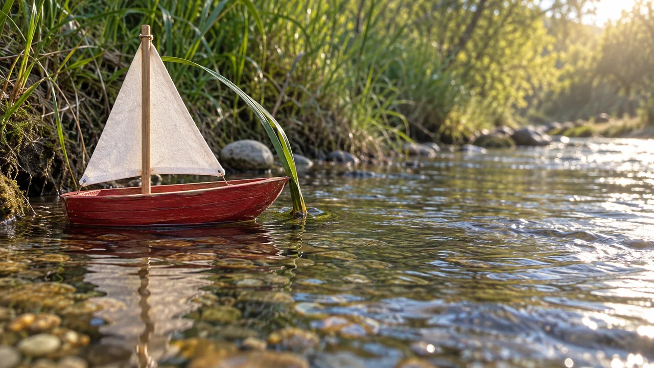 A red toy sailboat with a white triangular sail catches on a bent reed, with sunlit water open to its right.