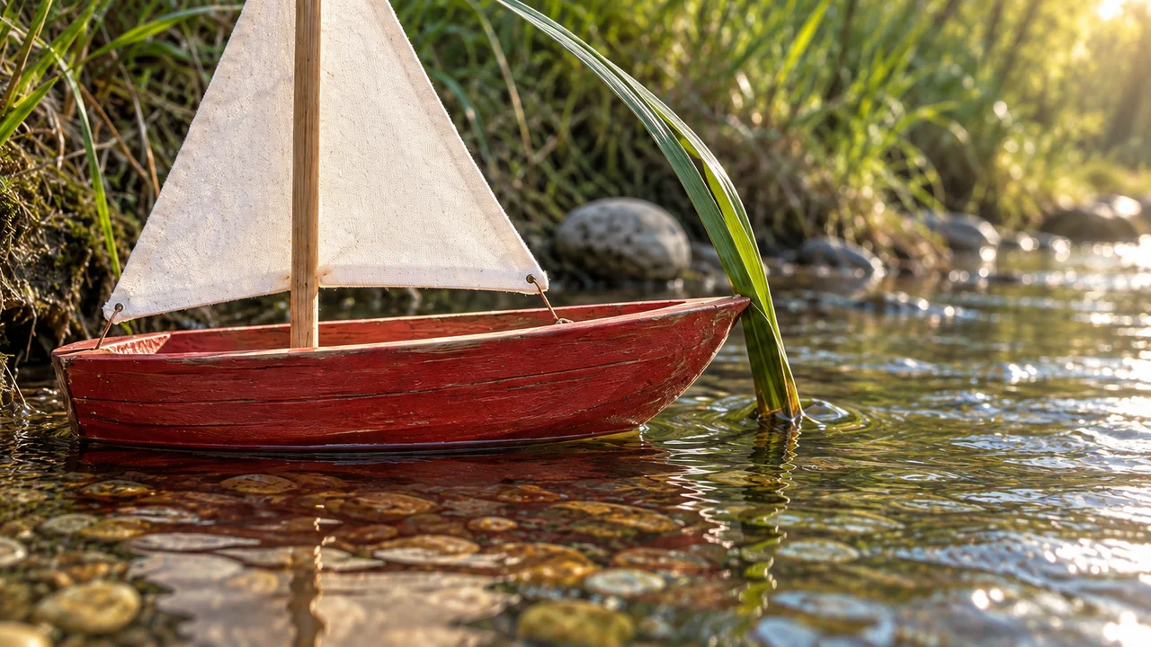 Closer view of the same red toy sailboat touching the bent reed, with the grey pebble behind it.