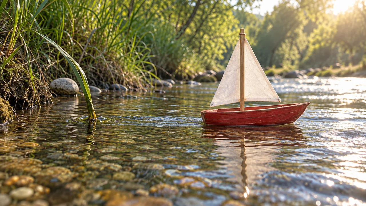 The red toy sailboat is now clear of the reed and floats to the right, leaving the grey pebble and reed behind.